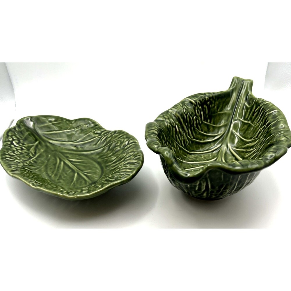 Vtg SECLA Cabbage Leaf Gravy Boat & Underplate Tray Set Green Majolica Portugal